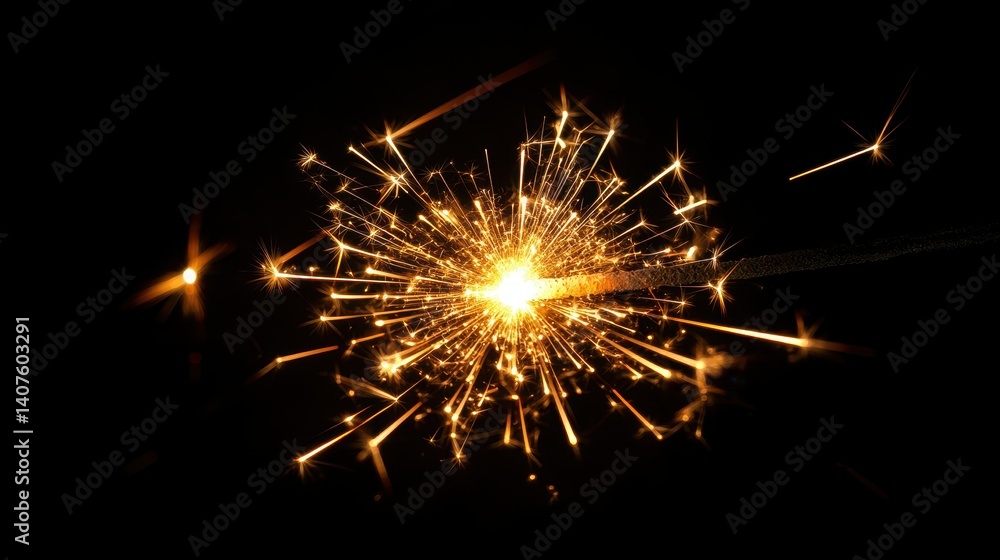 Golden sparkler burning against a dark background, bright sparks flying out. Great for New Year's, birthdays, or any festive celebration design. Golden sparkler burning against a dark background, bright sparks flying out. Great for New Year's, birthdays, or any festive celebration design.