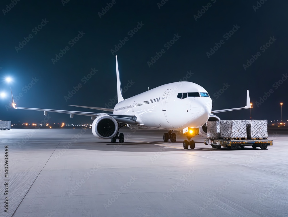 Freight airplane at night with cargo being transferred, global logistics concept Freight airplane at night with cargo being transferred, global logistics concept