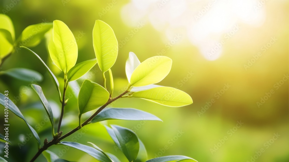 Obraz premium Sunlit garden trees with soft bokeh, a serene escape into nature's warmth. 
