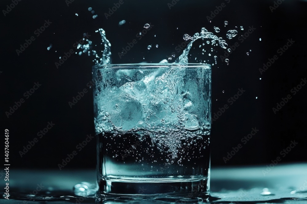 A glass of water with ice cubes, water splashing against a dark backdrop. It conveys refreshment, hydration, or a need for thirst-quenching beverage. A glass of water with ice cubes, water splashing against a dark backdrop. It conveys refreshment, hydration, or a need for thirst-quenching beverage.