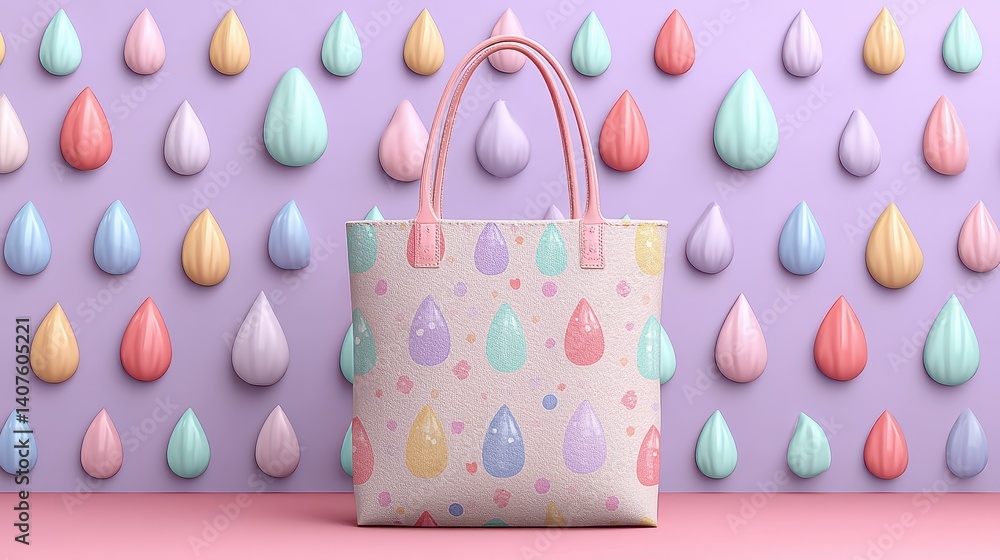 Pastel Tote Bag with Whimsical Pattern and Droplet Background Pastel Tote Bag with Whimsical Pattern and Droplet Background