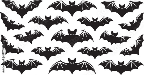 Collection of flying bat silhouettes in various wing positions, perfect for Halloween themes, horror art, dark fantasy, or spooky designs