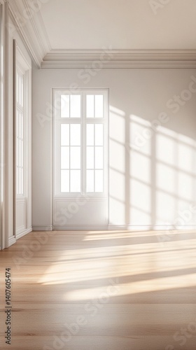 Wallpaper Mural Sunlit empty room with clean white walls and large window creating beautiful patterns of light and shadows across the polished wooden floor, highlighting a minimalist design. Torontodigital.ca