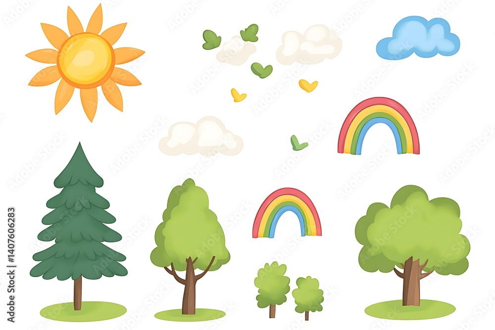Naklejka premium A vector illustration depicts a set of four seasonal trees against a sky with clouds and sun, showcasing the landscape's nature through spring flowers, summer leaves, autumn hues, and winter branches