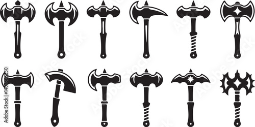 Fantasy war hammers and mauls silhouette collection, medieval weapons in black and white, battle-ready designs