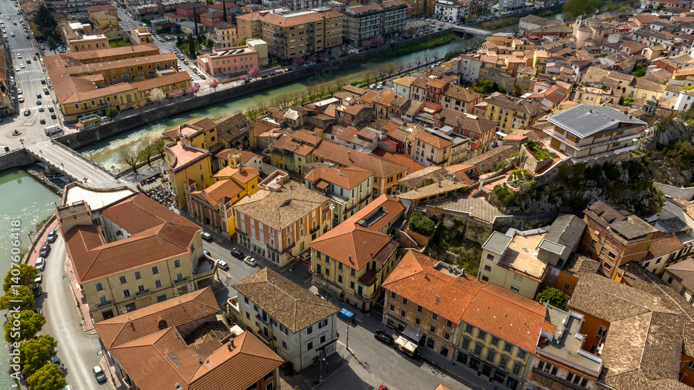 Aerial view of the historic center of Sora, built on the banks of the Liri river. It is a town in Lazio, Italy, in the province of Frosinone.