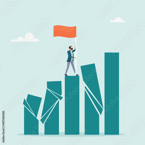Winner in business. Successful character on stand, strong bar chart, domino collapse, winner takes all. Survival in business competition. Vector illustration.	