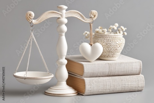 Minimalist scale with a heart on one side, a law book on the other