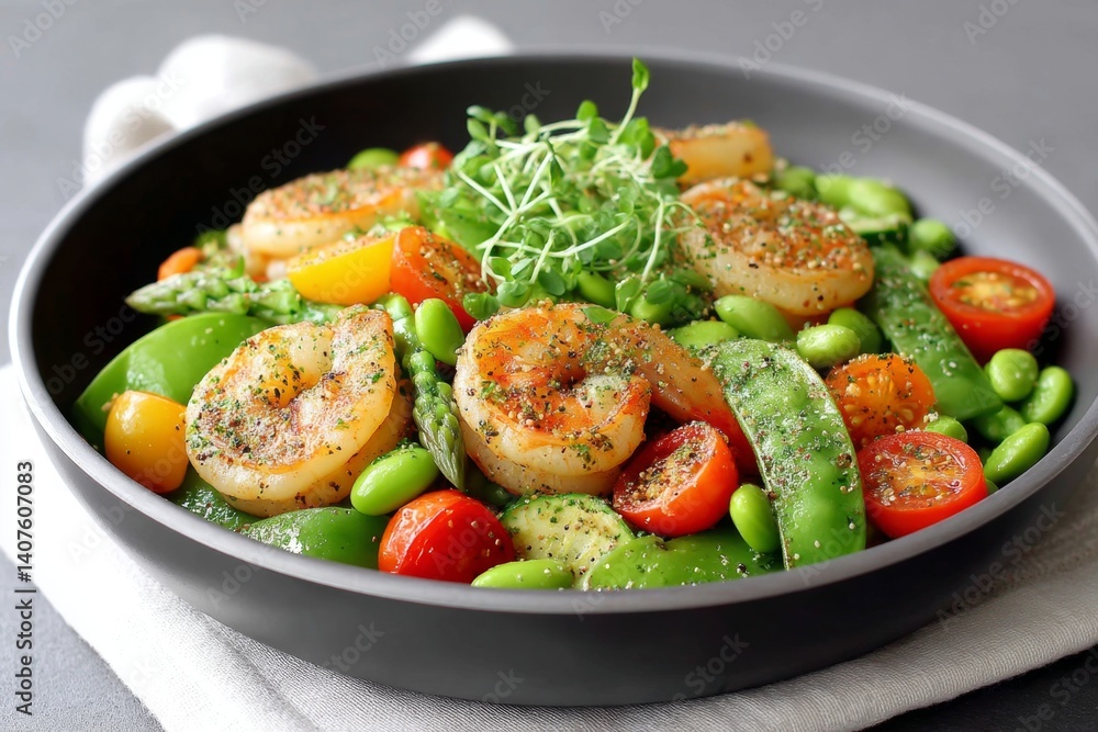 Pan of sizzling shrimp stir-fry with edamame and vegetables Pan of sizzling shrimp stir-fry with edamame and vegetables
