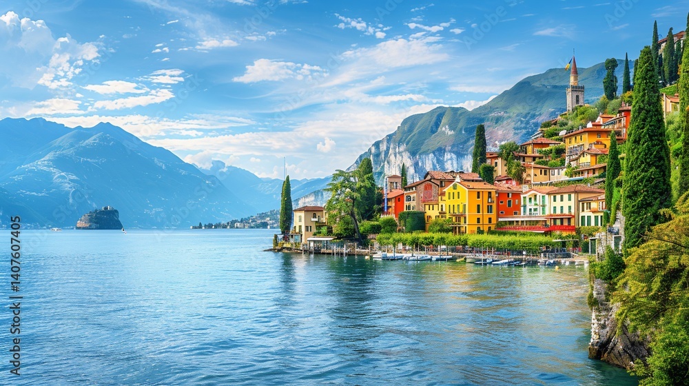 Obraz premium Colorful Italian Lakeside Town, Boats, Mountains, Sunny Day, Travel