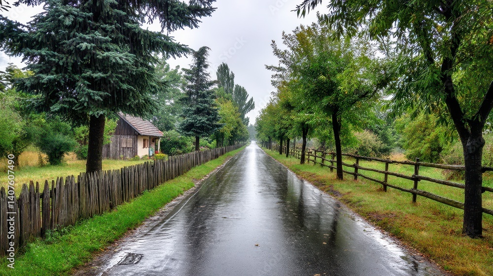 Rain Soaked Country Road Green Trees and Wooden Fences Under Gray Sky Rain Soaked Country Road Green Trees and Wooden Fences Under Gray Sky