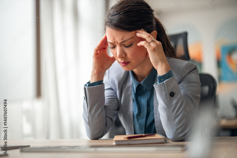 Young Professional Woman Stressed at Office Desk in a Formal Setting