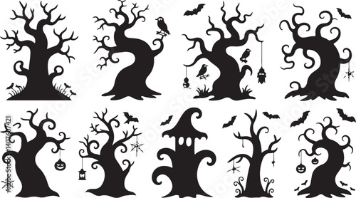 Creepy twisted Halloween tree silhouettes in vector style, spooky bare branches perfect for haunted