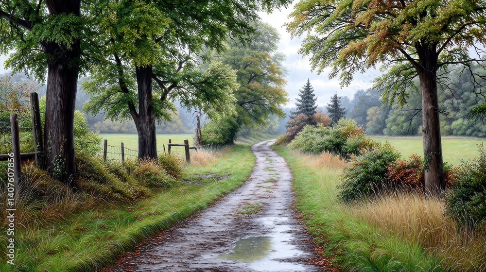 Naklejka premium Rainy Day on a Country Road Lush Green Fields and Trees