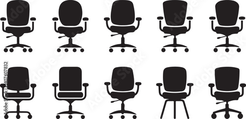 Black silhouette office chairs collection in vector style, ergonomic and swivel designs for workplace and interior illustrations