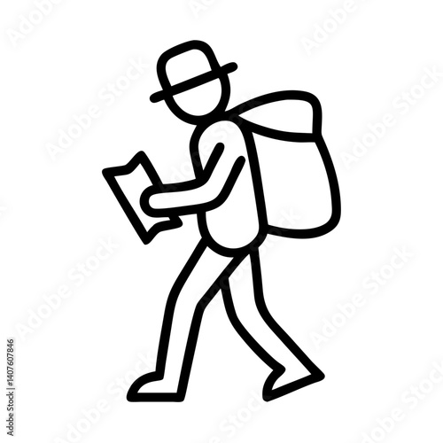 Man with Hat and Bag Reading Map Line Icon
