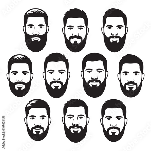 Set bearded men faces hipsters with haircuts. Vector Black silhouettes. with white background