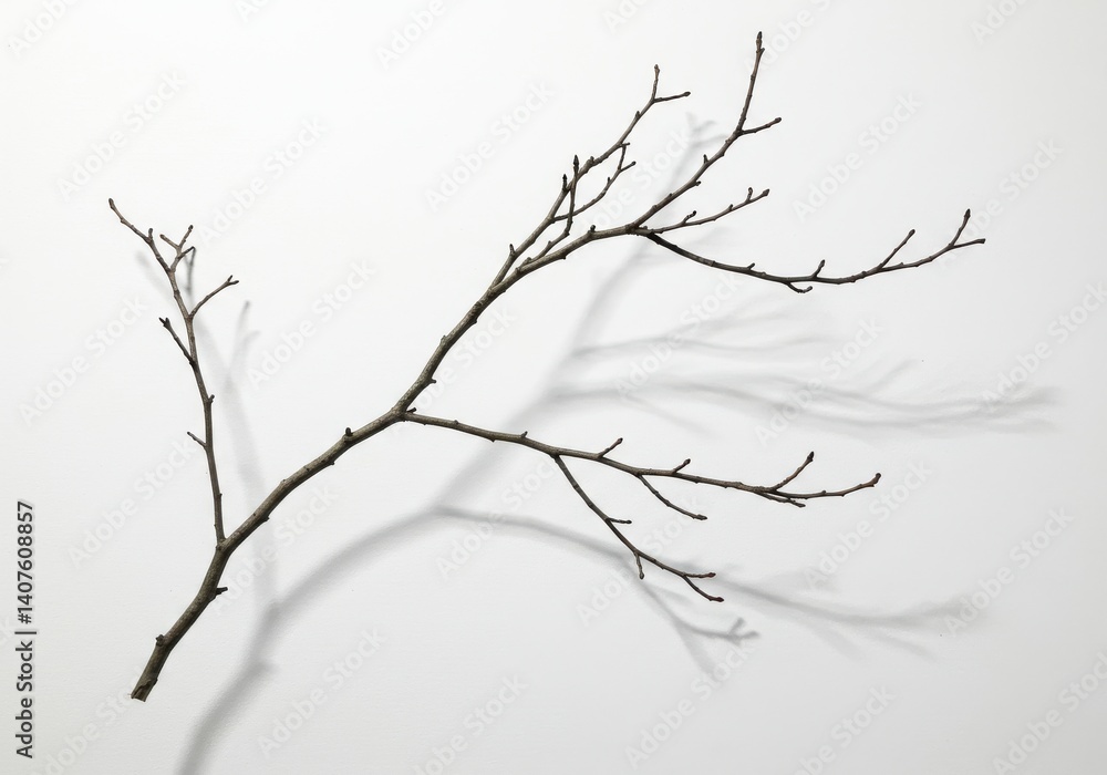 Fototapeta premium A single brown branch with small twigs casting a shadow on a plain white background in a studio shot