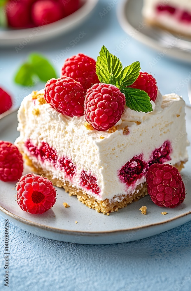 Delicious raspberry dessert with creamy filling and fresh fruits on a light blue background : Generative AI Delicious raspberry dessert with creamy filling and fresh fruits on a light blue background : Generative AI