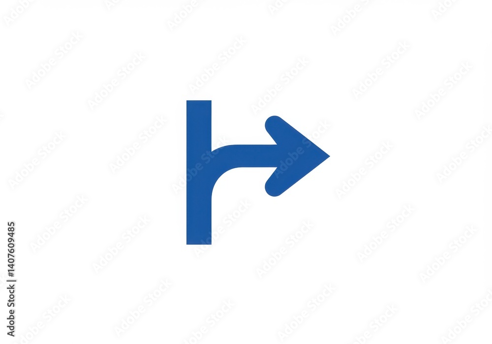 A blue right turn road sign on a white background indicating a direction change on the road ahead A blue right turn road sign on a white background indicating a direction change on the road ahead