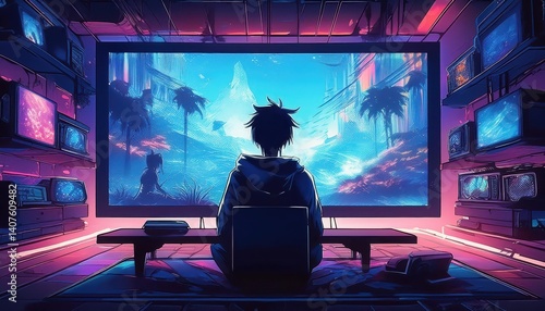 Obraz na płótnie Otaku Silhouette Immersed in Cyberspace Anime TV Room Glowing Amidst Neon Vibrancy, Embracing Retro Futurism at Dusk w salonie