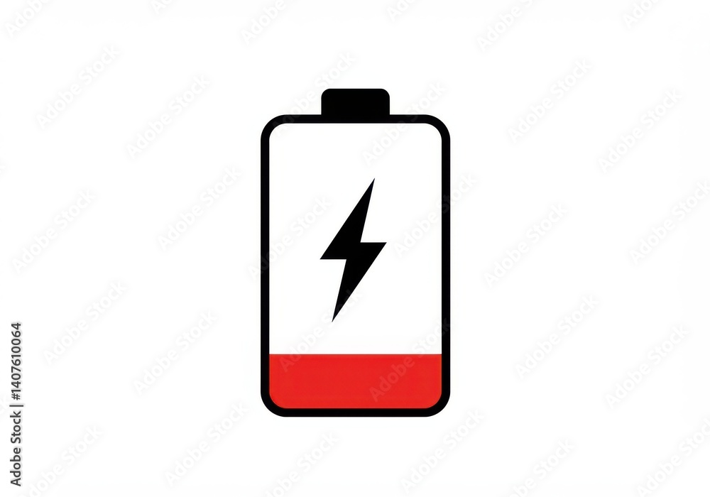 Illustration of a battery with a lightning bolt indicating low charge and red indicator at the bottom Illustration of a battery with a lightning bolt indicating low charge and red indicator at the bottom