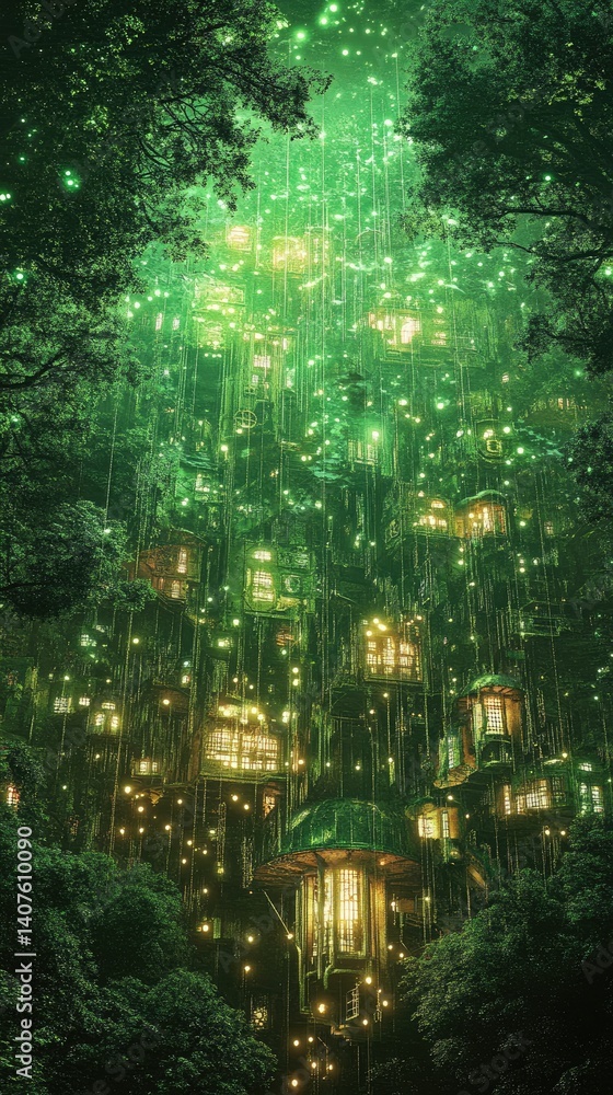 Obraz premium Enchanting treetop village glowing under a green night