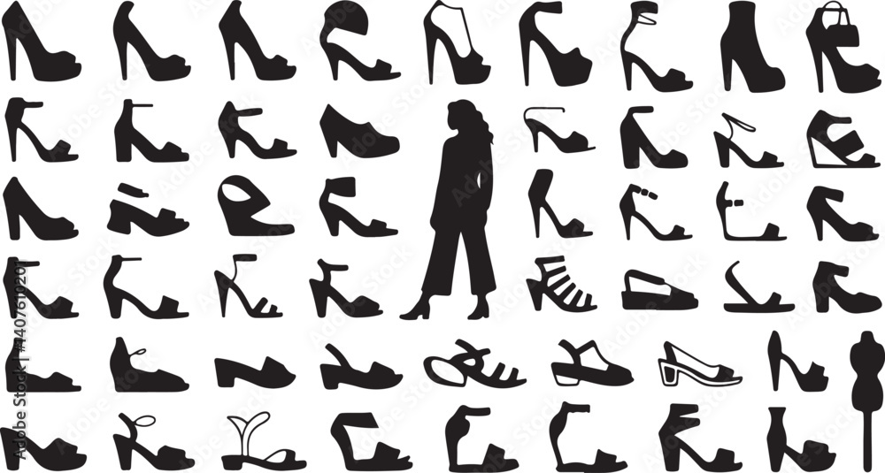Obraz premium Silhouette Women Fashion Shoes High Heels Boots Sandals Vector Collection