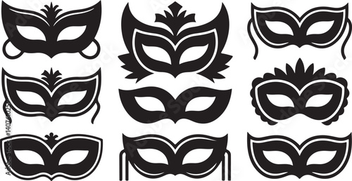 Masquerade Party Mask Silhouette Vector Set for Carnival Costume Ball Halloween Decoration Festival and Elegant Disguise Design Elements

