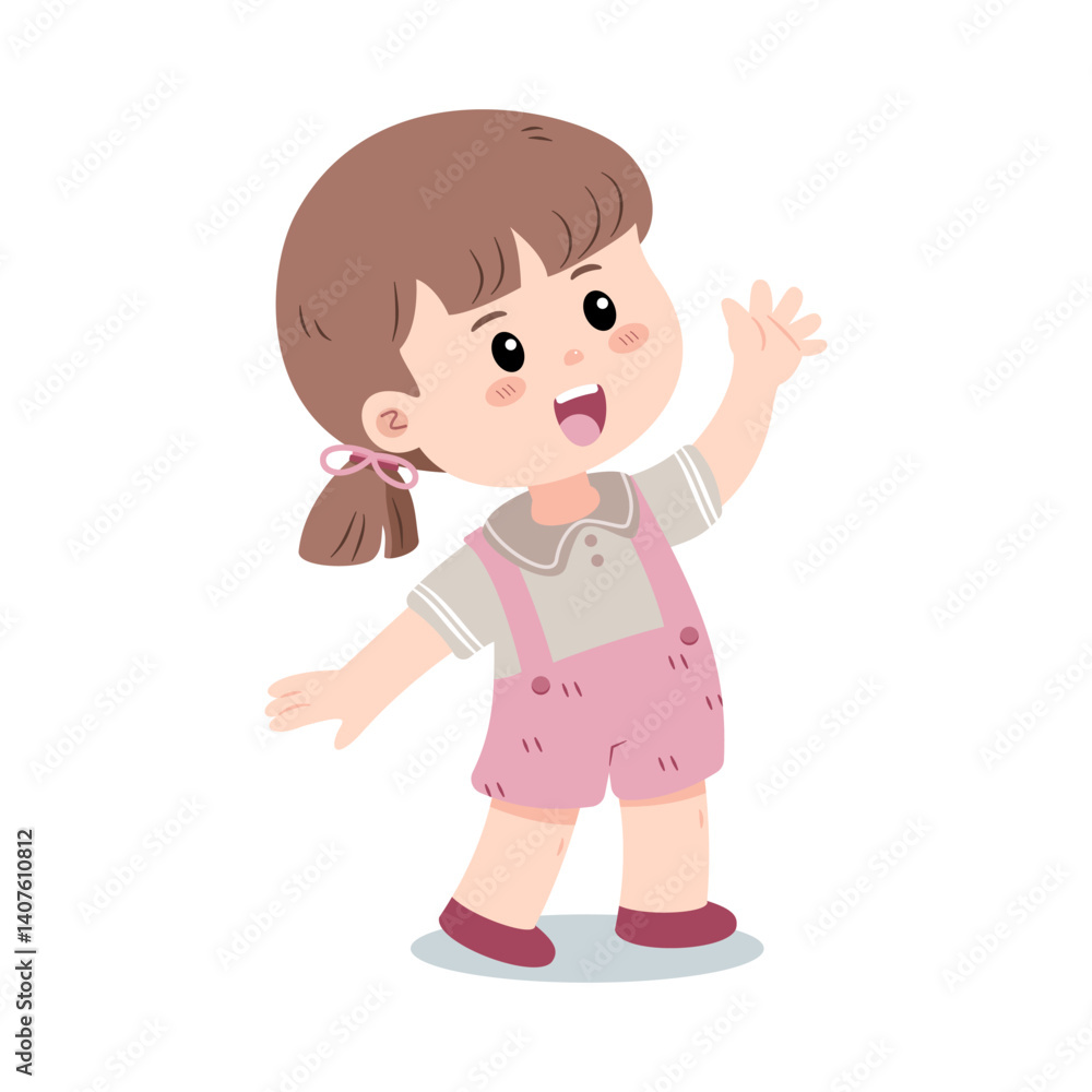 A cheerful little girl with a ponytail happily waves hello. Vector illustration isolated on a white background. A cheerful little girl with a ponytail happily waves hello. Vector illustration isolated on a white background.