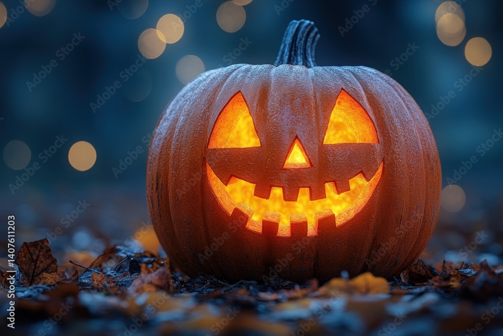 Cheerful Glowing Jack O Lantern on Fireplace with Fairy Lights for Halloween Celebration Cheerful Glowing Jack O Lantern on Fireplace with Fairy Lights for Halloween Celebration