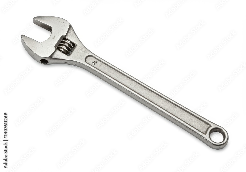 A single adjustable wrench lying diagonally on a plain white surface in a studio setting A single adjustable wrench lying diagonally on a plain white surface in a studio setting