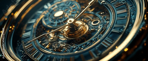 Elegant View of a Vintage Clock with Neat Gold Accents and Visible Gears : Generative AI