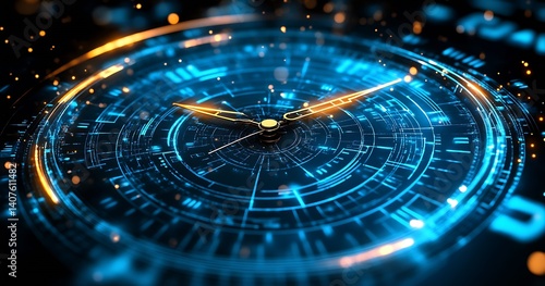 Advanced clock interface displaying glowing lights and intricate data visualization : Generative AI