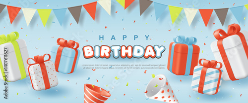3D Happy birthday gift boxes and fun party hat for baby invitation greeting card party background, kid banner, advertising, poster, social media, wallpaper, Vector illustration
