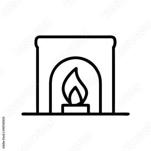 Fireplace with flame icon in black outline style on white background