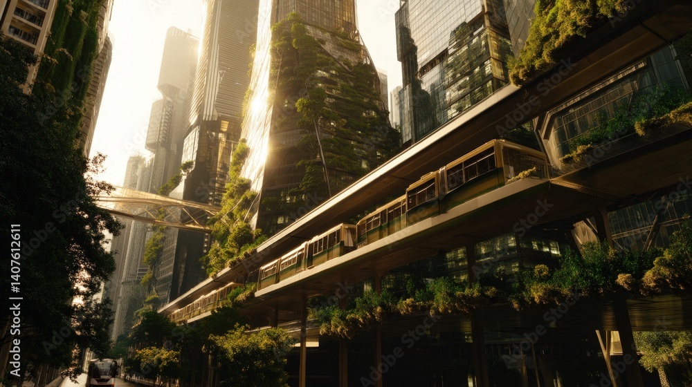 Naklejka premium Eco-Friendly Vertical Gardens on Modern Skyscrapers with Solar Panels and Green Skybridges, Electric Tram Commuting Below in Golden Hour Sustainable Cityscape