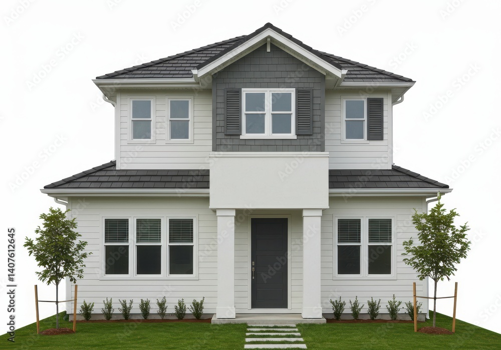 A modern two story house with white siding gray accents and a well manicured lawn on a clear day A modern two story house with white siding gray accents and a well manicured lawn on a clear day