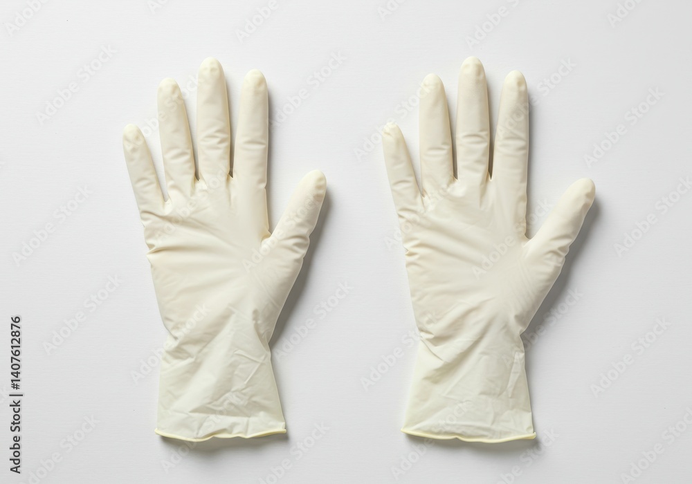 Obraz premium A pair of sterile latex gloves laid flat on a white surface in a studio shot with good lighting