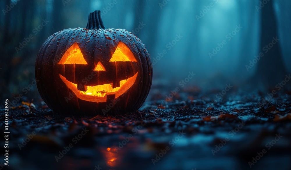 Halloween Celebration with Glowing Jack O Lantern in Misty Forest at Night Halloween Celebration with Glowing Jack O Lantern in Misty Forest at Night