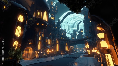 Futuristic city street, glowing lamps, swirling sky.