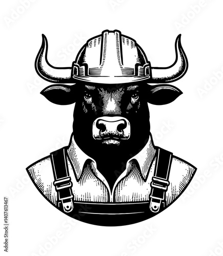 Cow and bull wear construction uniforms working diligently illustration
