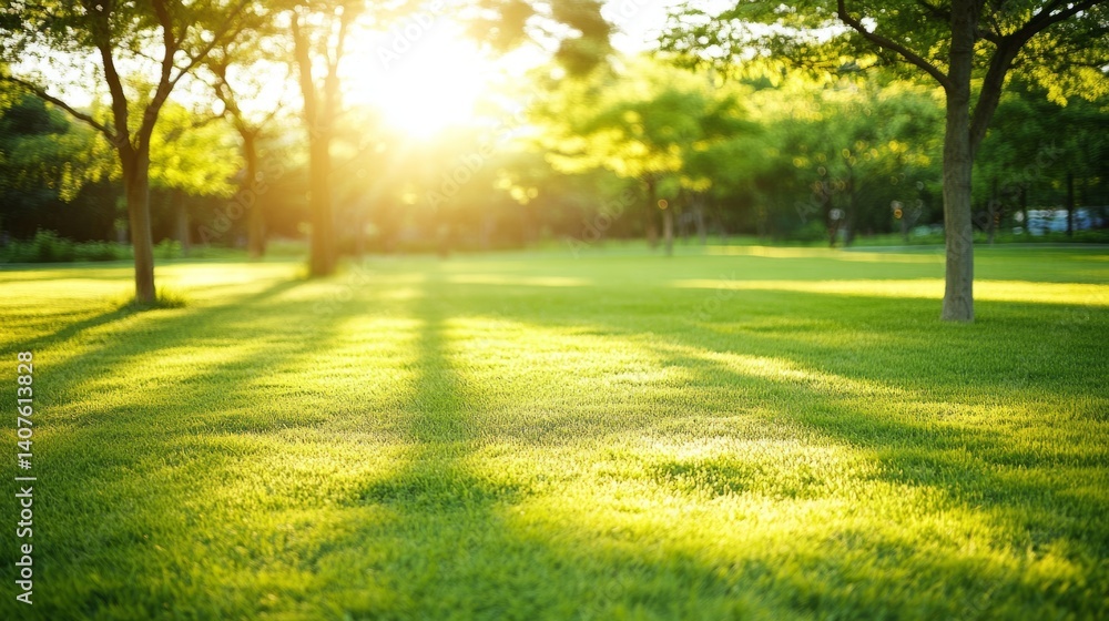 Fototapeta premium Sunlit garden trees with soft bokeh, a serene escape into nature's warmth. 