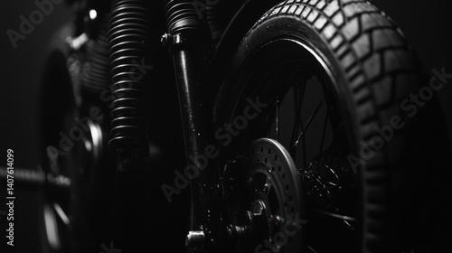 Motorcycle parked in the dark with a close-up of the wheel highlighting rebel vibes against a black background