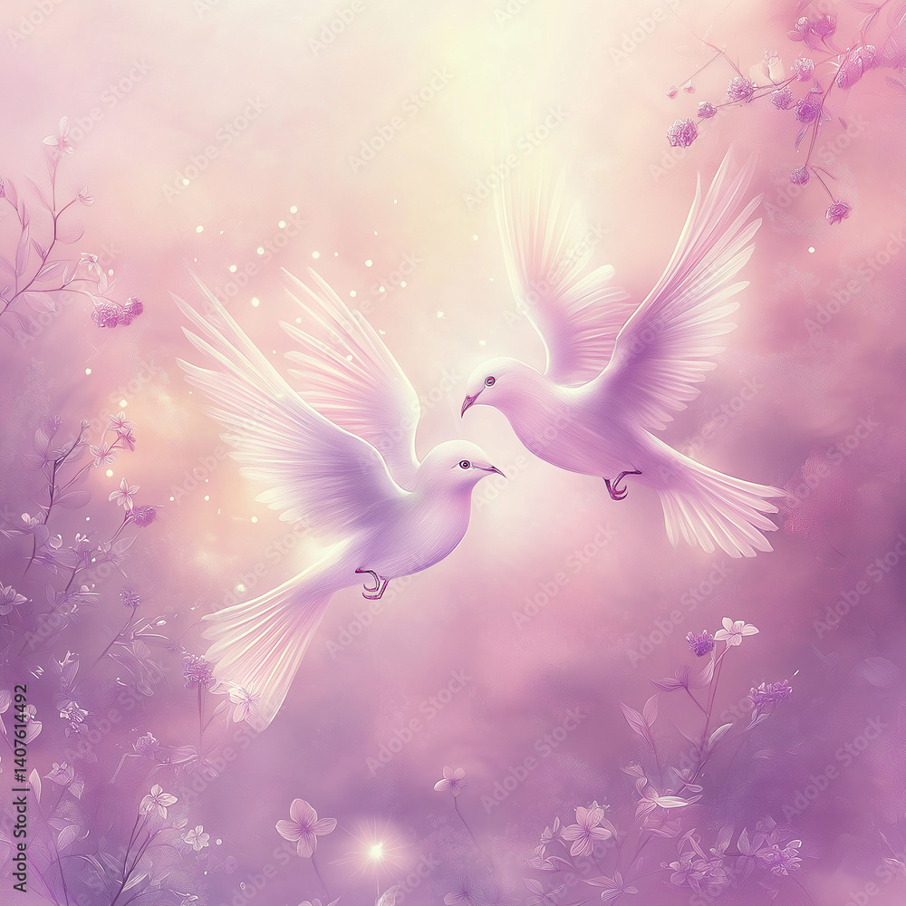 portrays a pair of elegant birds in flight, surrounded by a dreamy, pastel-colored environment. The birds are depicted with graceful wings and soft feathers portrays a pair of elegant birds in flight, surrounded by a dreamy, pastel-colored environment. The birds are depicted with graceful wings and soft feathers