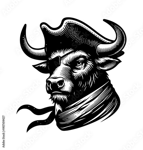 Cow and bull dressed as pirate with eye patch and hat, illustration style