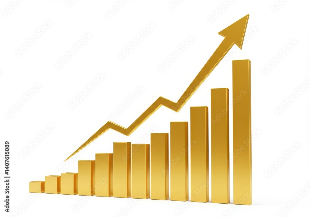 Golden bar graph and arrow showing upward trend on a white background indicating growth and profit Golden bar graph and arrow showing upward trend on a white background indicating growth and profit
