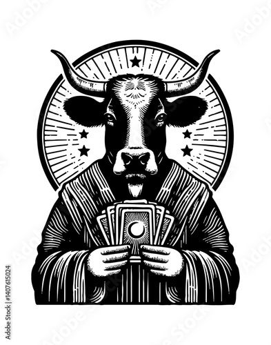 Cow dressed as a tarot reader, holding cards with a mystical expression