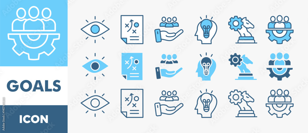 GOALS icon set with various styles and colors vision, plan, support, ideas, strategy, team, motivation, and success GOALS icon set with various styles and colors vision, plan, support, ideas, strategy, team, motivation, and success