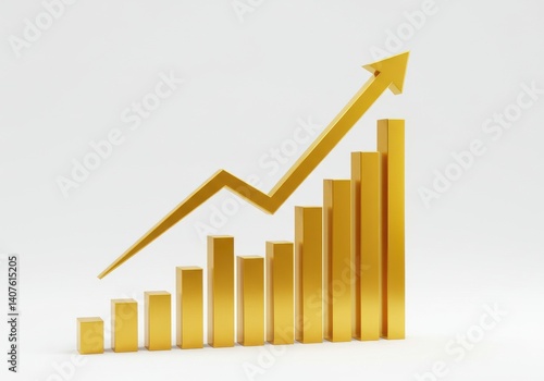 Golden bar graph showing upward trend with arrow on a white background representing growth chart Free Download Golden bar graph showing upward trend with arrow on a white background representing growth chart - GFXLoad